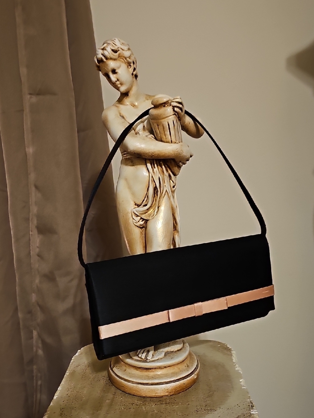 Hillard & Hanson Black Satin Clutch with Pink Ribbon Accent